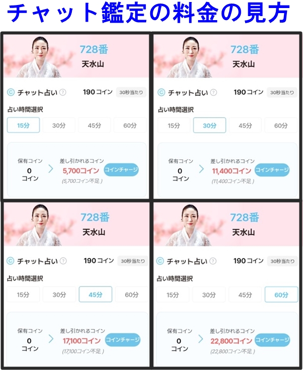 サジュナルのチャット占いの料金は15分、30分、45分、60分の4つから選択
