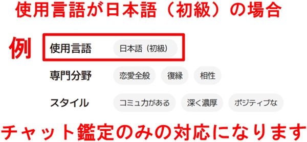 使用言語が日本語初級の場合はチャット鑑定のみ対応